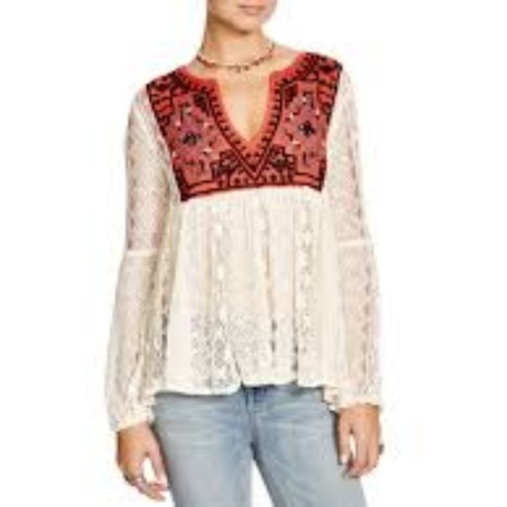 •Free People• Casablanca Embroidered Lace Tunic